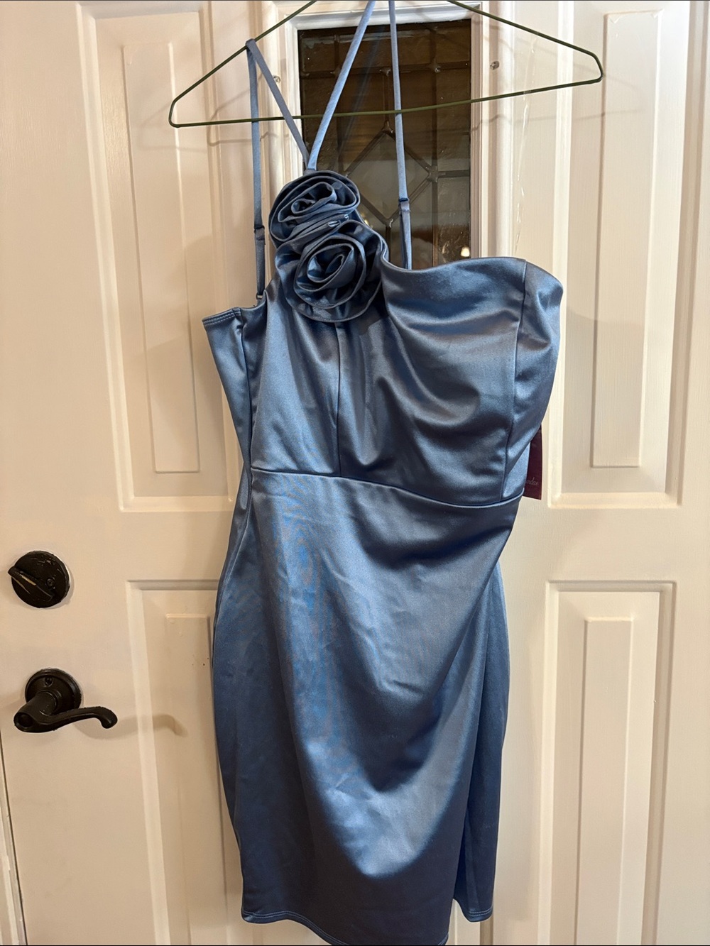 Emerald Sundae Steel Blue Satin One-Shoulder Mini Dress with Rosette
